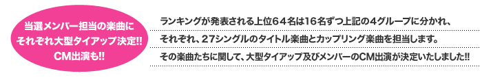 当選メンバー担当の楽曲にそれぞれ大型タイアップ決定!!CM出演も!!ランキングが発表される上位６４名は１６名ずつ上記の４グループに分かれ、それぞれ、２７シングルのタイトル楽曲とカップリング楽曲を担当します。その楽曲たちに関して、大型タイアップ及びメンバーのCM出演が決定いたしました!!